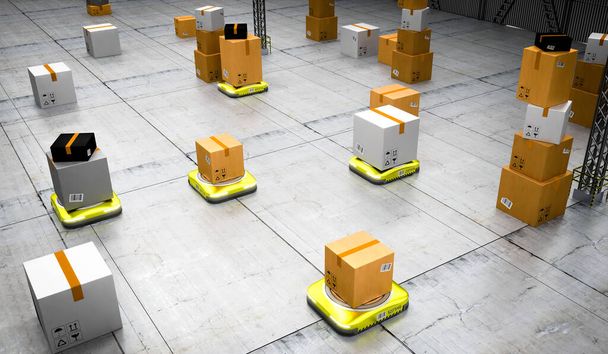 Robôs autônomos que movem pacotes em armazém - ilustração 3D - Foto, Imagem