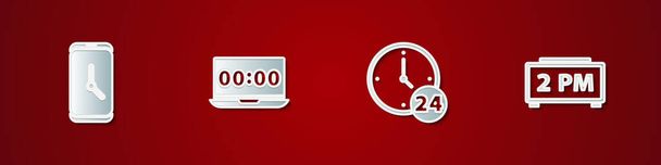 Set Alarm clock app mobile, Clock on laptop, 24 hours and Digital alarm icon. Vector. - Vector, Image