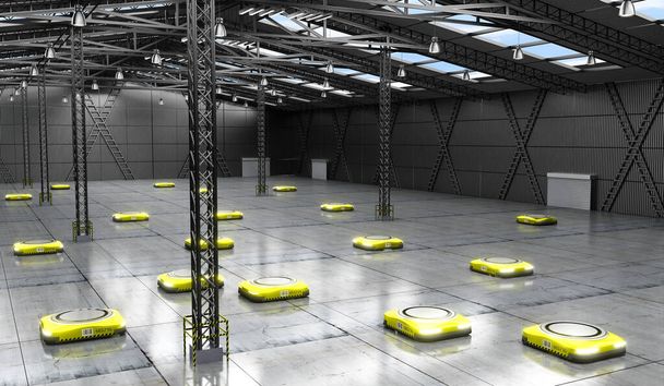 Keltaiset autonomiset robotit varastossa - 3D-kuvitus - Valokuva, kuva