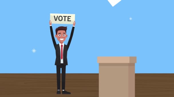 кандидат мужского пола с табличкой для голосования и избирательной урной - Кадры, видео