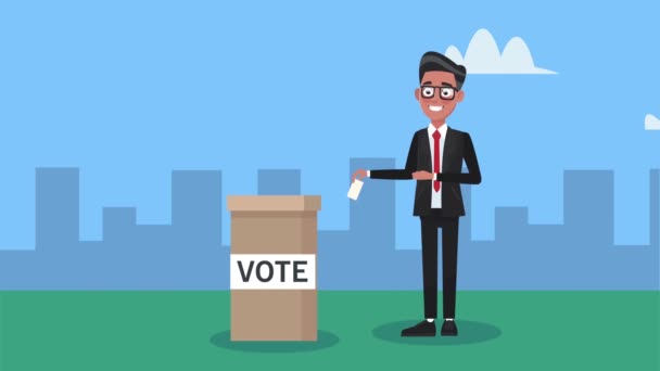 мужчина-кандидат с анимацией персонажей избирательных урн - Кадры, видео