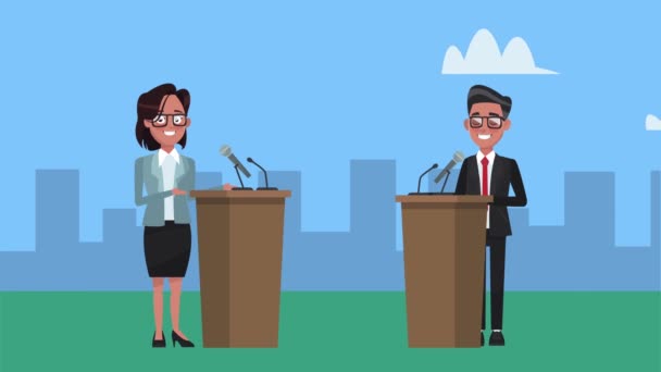 pareja candidatos hablando en podios caracteres - Imágenes, Vídeo