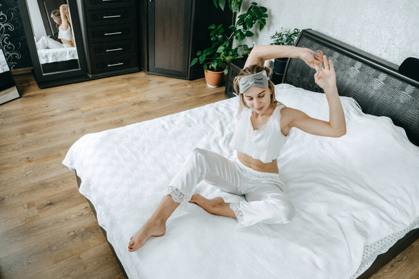Self care, Mental health, mental wellbeing, calm, mourning routines, start day. No stress, healthy habit, concept. Young woman in pajamas doing morning routines. - Zdjęcie, obraz
