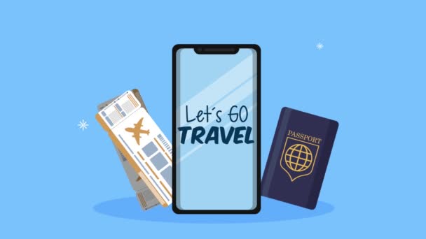 Menjünk utazási felirat okostelefon jegyekkel és útlevéllel - Felvétel, videó