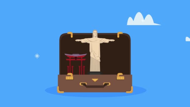 time travel animation with monuments in suitcase - Footage, Video