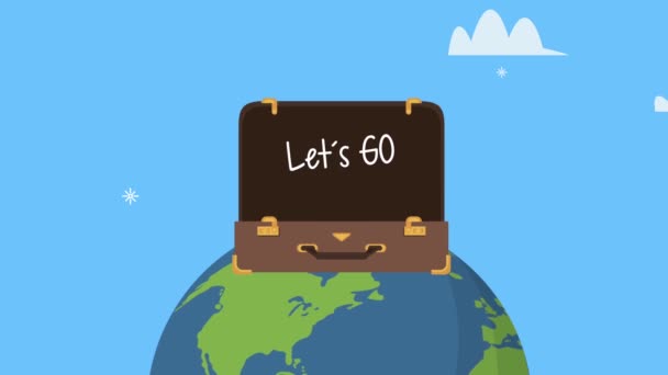 lets go travel lettering in suitcase over earth planet - Footage, Video