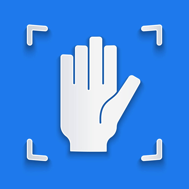 Carta tagliata Icona di riconoscimento stampa Palm isolata su sfondo blu. Scansione biometrica delle mani. Identificazione delle impronte digitali. Riconoscimento e verifica del sistema. Stile cartaceo. Vettore. - Vettoriali, immagini
