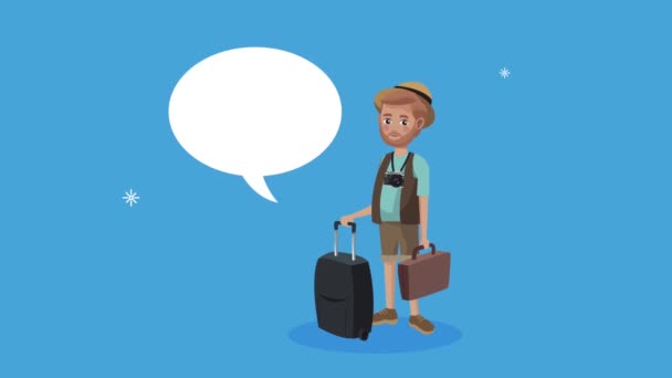 αρσενικό τουριστικό χαρακτήρα με βαλίτσα και φούσκα ομιλία - Πλάνα, βίντεο