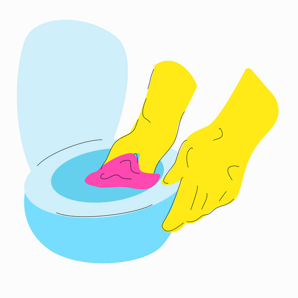 Yellow-gloved hands are rubbing the toilet bowl with a rag. - Vetor, Imagem