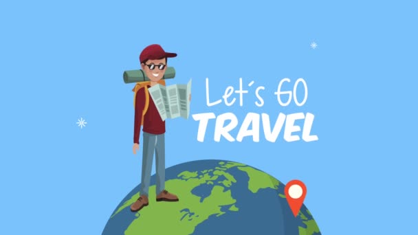 lets go travel lettering with tourist in earth planet - Footage, Video