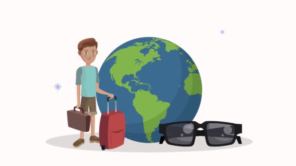 mannelijke toerist met koffer en aarde planeet - Video