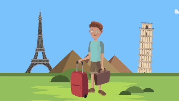 carattere turistico maschile con monumenti e valigie - Filmati, video