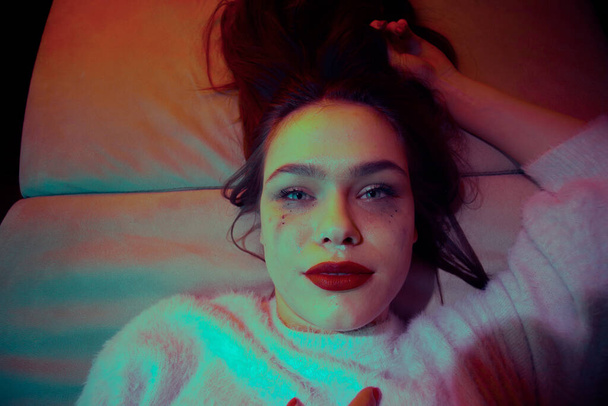 Young girl used cocaine, drug overdose. Concept close-up portrait drugs evil. - Valokuva, kuva