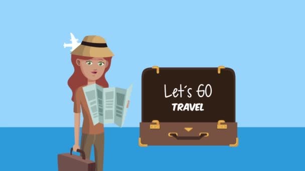 Menjünk utazási felirat bőröndben és női turista - Felvétel, videó