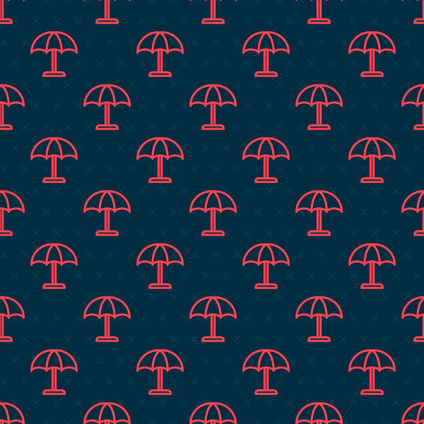 Punainen viiva Aurinko suojaava sateenvarjo ranta kuvake eristetty saumaton kuvio mustalla pohjalla. Suuri päivänvarjo ulkoavaruuteen. Ranta sateenvarjo. Vektori. - Vektori, kuva