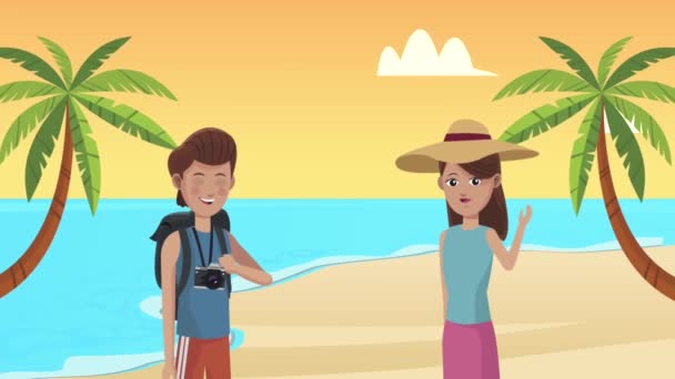pari turisti merkkiä rannalla animaatio - Materiaali, video