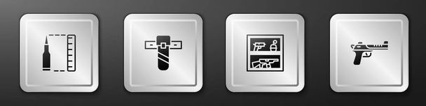 Set Bullet, Knife holster, Hunting shop weapon and Desert eagle gun icon. Silver square button. Vector. - Vector, Image