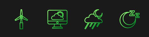 Set line Cloud with rain and moon, Wind turbine, Weather forecast and Time to sleep. Gradient color icons. Vector - Vector, Image
