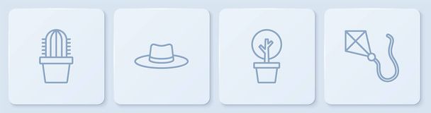 Set line Peyote de cactus en maceta, bosque, sombrero de jardinero y cometa. Botón cuadrado blanco. Vector - Vector, Imagen