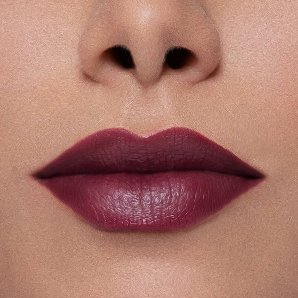 Burgundy lipstick on the lips. Oil painting imitation. 3D illustration. - Fotoğraf, Görsel
