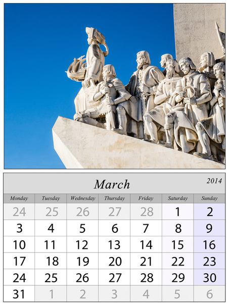 Kalendarz marca 2014 roku. Lisbon, Portugalia. - Zdjęcie, obraz