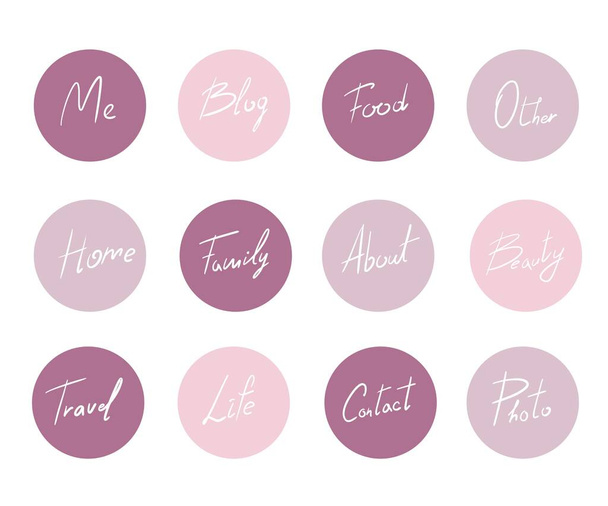 Vector set of round covers with words. Home, me, travel, other, beauty, life, contacts. - Vector, Image