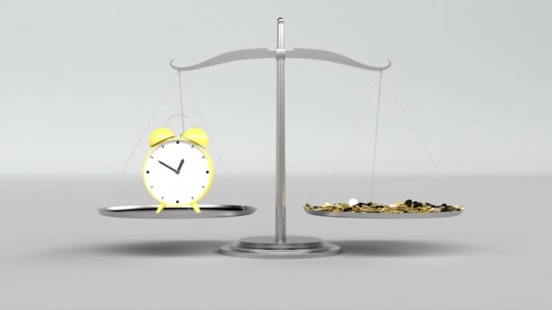 Balanzas metálicas reloj amarillo monedas de oro dinero Concepto finanzas negocios inversión éxito. - Imágenes, Vídeo