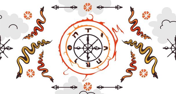 Slangen en een kompas. Esoterische symbolen op het thema van de Tarot kaarten, Rad van Fortuin. Het lot. Geïsoleerd over witte achtergrond. - Vector, afbeelding