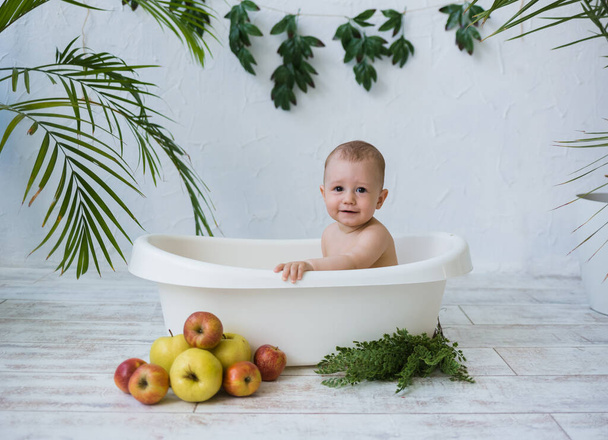 um menino com olhos castanhos senta-se em um banho de bebê com maçãs em um fundo branco com plantas - Foto, Imagem