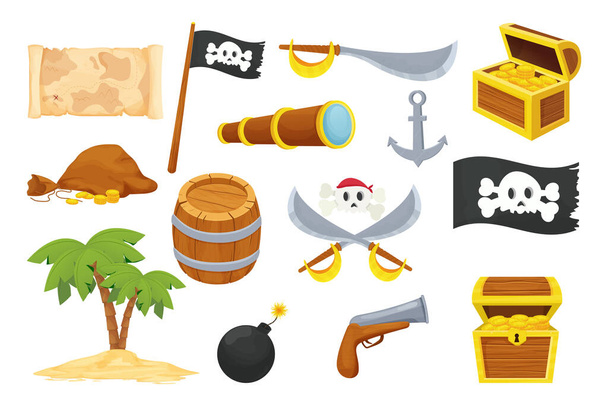 Pirate set with funny skull, wooden treasure chest, barrel, weapon, black flag and map in cartoon style isolated on white background. Caribbean elements, adventure collection. Treasure search.  - Διάνυσμα, εικόνα