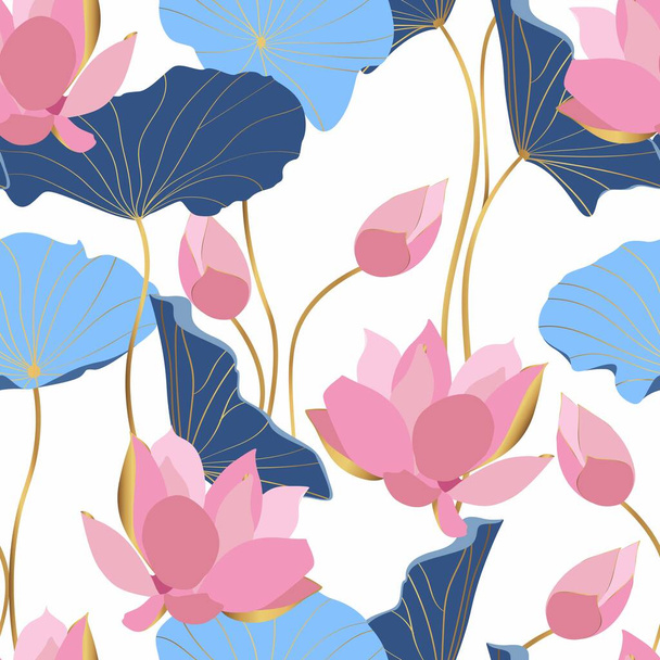 Fleurs de lotus dorées et feuilles bleues, arts de la ligne simples sur fond blanc. Design de papier peint d'or de luxe pour les impressions, bannière, tissu, affiche. - Vecteur, image