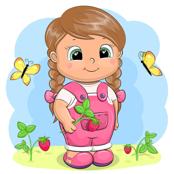 Menina bonito desenho animado em macacão rosa segurando morangos. Ilustração vetorial com bagas e borboletas. - Vetor, Imagem