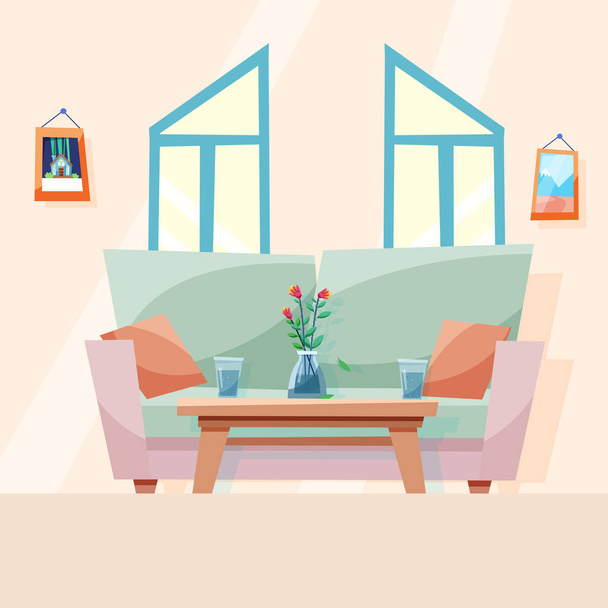 Sofá con almohadas. piso ventanas vector ilustración en estilo plano - Vector, Imagen