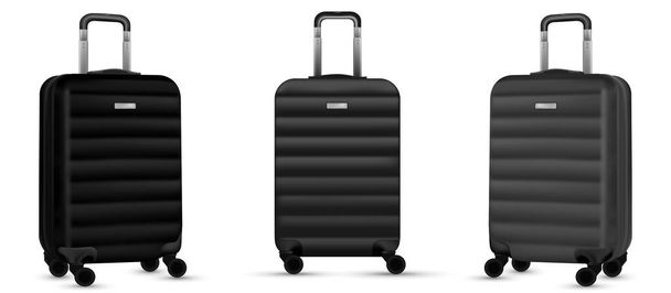 Путевой чемодан изолирован. Набор серебряный пластиковый багаж или багажный мешок отдыха на белом фоне. Концепция летнего отдыха. - Вектор,изображение