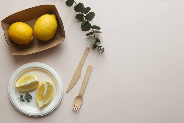 Knife, fork, plate, and paper bag with lemons. Eco-friendly disposable organic kitchenware. The concept of zero waste and recycling. Top view, copy space - Фото, зображення