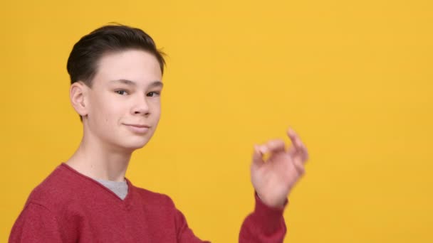 Teen Boy Gesturing Okay Sign Smiling Posing Over Yellow Background - Footage, Video
