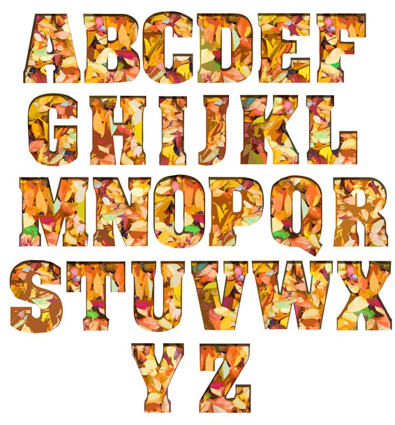 Herfst alfabet set. Geïsoleerde letters, volledig alfabet van bladeren op een witte achtergrond - Vector, afbeelding