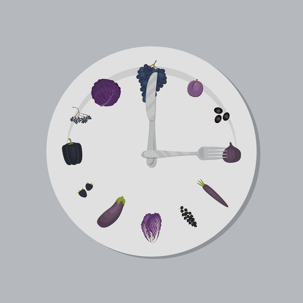 Концепция здорового питания. Тарелка с циферблатом, ножом и вилкой в форме стрелок часов. На фотографии фиолетовые овощи и фрукты. Векторная иллюстрация - Вектор,изображение