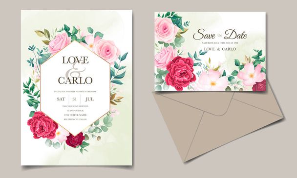 Schöne Blumenrahmen Hochzeitseinladungskarte Vorlage - Vektor, Bild