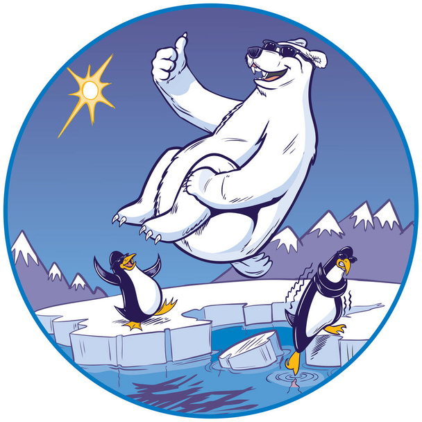 Illustration vectorielle de clip art de dessin animé d'une mascotte drôle mignonne d'ours polaire donnant un pouce vers le haut tout en faisant un plongeon de boulet de canon. Les pingouins regardent depuis un fond arctique froid. Un pingouin plonge son orteil dans l'eau et frissonne. Chaque personnage a des lunettes de soleil. - Vecteur, image