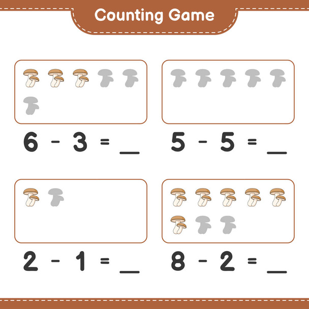 Contar el juego, contar el número de Shiitake y escribir el resultado. Juego educativo para niños, hoja de trabajo imprimible, ilustración vectorial - Vector, Imagen