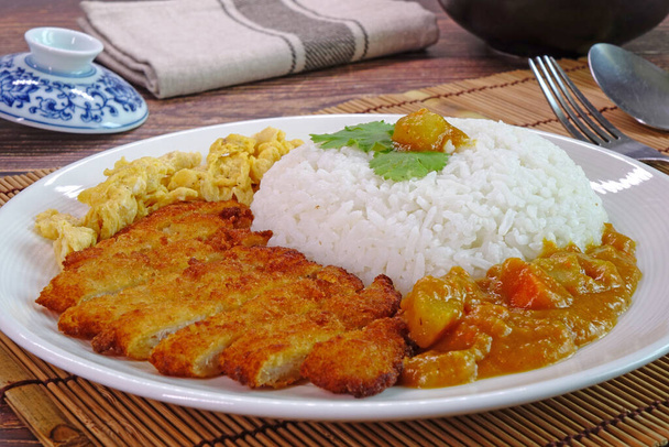 Χοιρινό ρύζι cutlet curry (ρύζι Tonkatsu curry, Katsu Kare), δημοφιλές ιαπωνικό φαγητό. Ιαπωνικό τηγανητό τραγανό χοιρινό κοτολέτο (Tonkatsu) σερβίρεται με κάρυ, ομελέτα και ιαπωνικό ρύζι. - Φωτογραφία, εικόνα