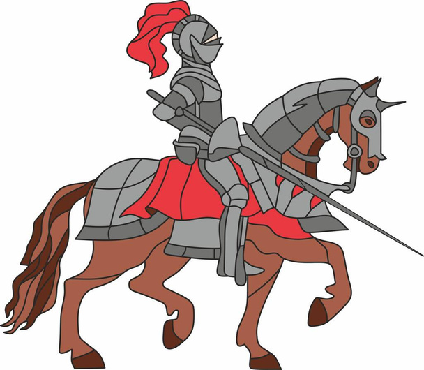 Vectorsjabloon voor glasgrijze ridder in harnas op een bruin paard met een speer en een rode cape - Vector, afbeelding