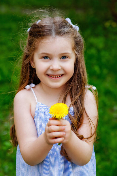 Портрет маленькой девочки с одуванчиком. Ребенок держит в руках жёлтый цветок. Летние развлечения для семей с детьми на свежем воздухе в красивом весеннем саду. - Фото, изображение