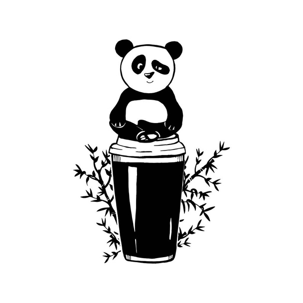 Der niedliche Panda sitzt in Lotusposition auf einer Tasse Kaffee. Vektor. eps - Vektor, Bild