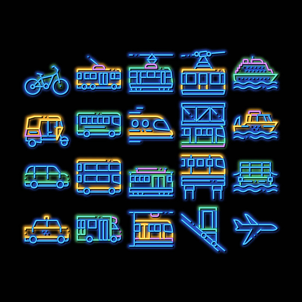 Tömegközlekedési neon fényjelző vektor. Ragyogó fényes ikon Trolibusz és busz, villamos és vonat, kábelút és egysínű közlekedés piktogramok. Autó és taxi, repülő és hajó illusztrációk - Vektor, kép