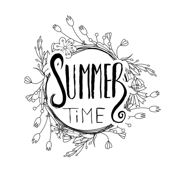 Summer Time. Hand lettering grunge card with flower background. Handcrafted doodle letters in retro style. Hand-drawn vintage vector typography illustration - Vector, Image