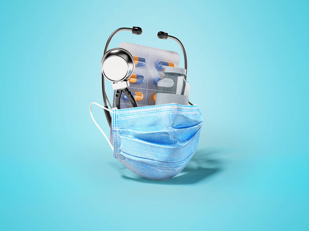 3D рендерингу групового набору вакцин медичної маски стетоскоп на синьому фоні з тіні
 - Фото, зображення