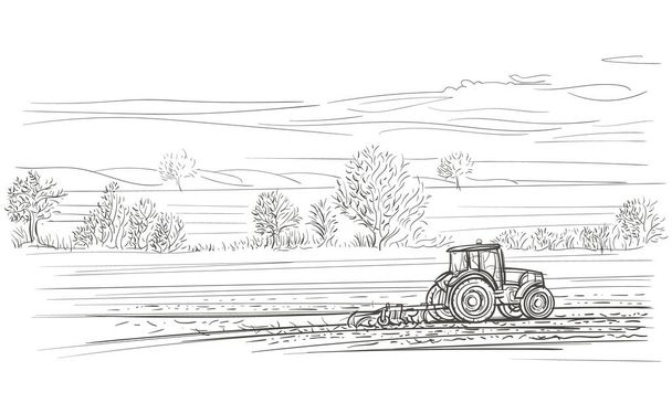 Tractor working in field illustration. Vector. - Vector, Image