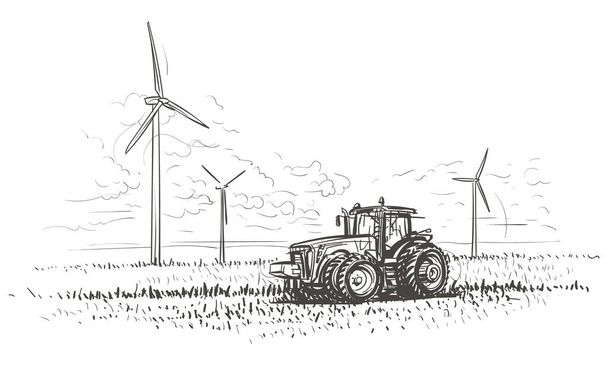 Tarımsal manzara çizimi, traktör ve rüzgar türbinleri. Vektör. - Vektör, Görsel